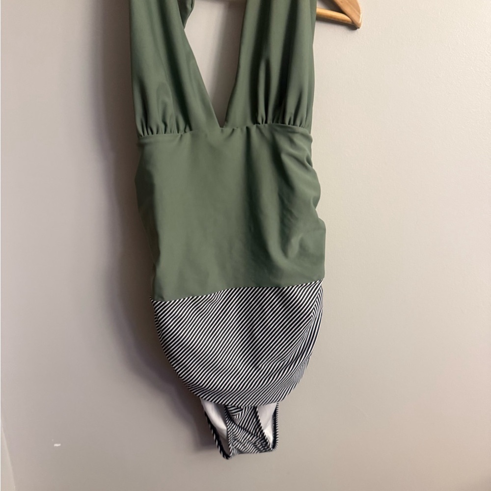 Beachsissi Sage Green & Striped One-Piece Swimsuit – Size M
